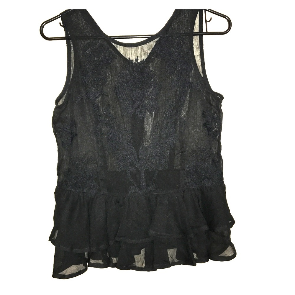 GUESS Sheer Ruffle Lace Zip Back Top XS